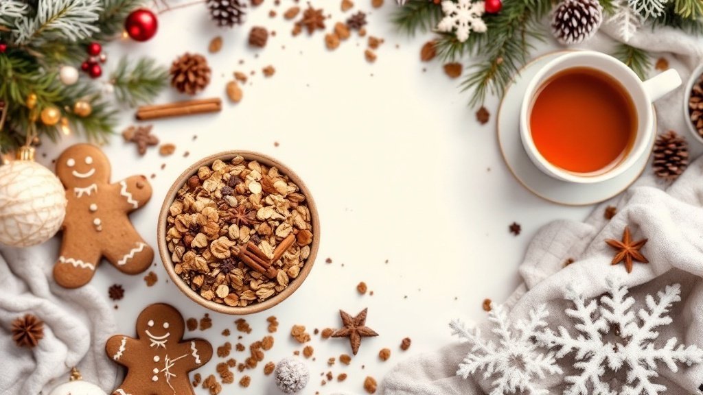 A bowl of gingerbread granola surrounded by festive decorations including gingerbread cookies, cinnamon sticks, and a cup of tea.