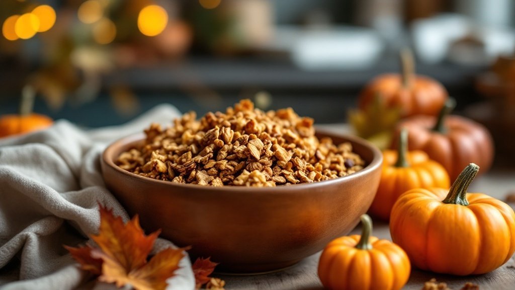 A bowl of homemade pumpkin spice granola surrounded by small pumpkins and autumn leaves.