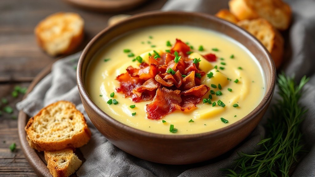A bowl of creamy potato soup topped with crispy bacon and green chives, served with crusty bread on the side.