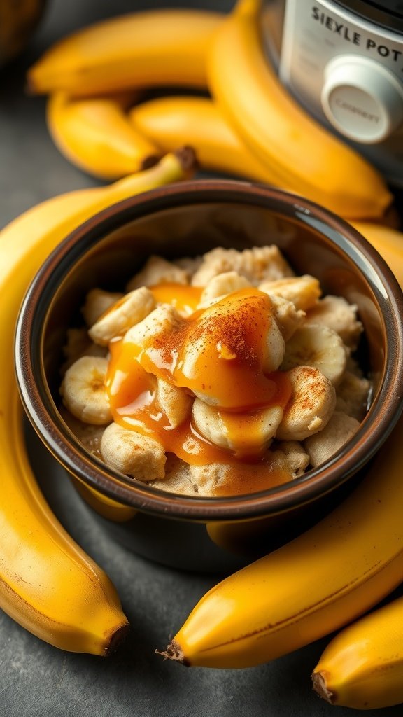 A bowl of banana bread pudding topped with caramel sauce, surrounded by bananas.