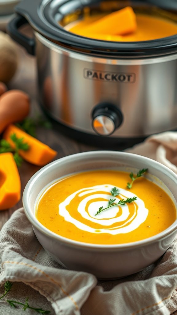 A bowl of creamy butternut squash soup with a swirl of cream and fresh herbs