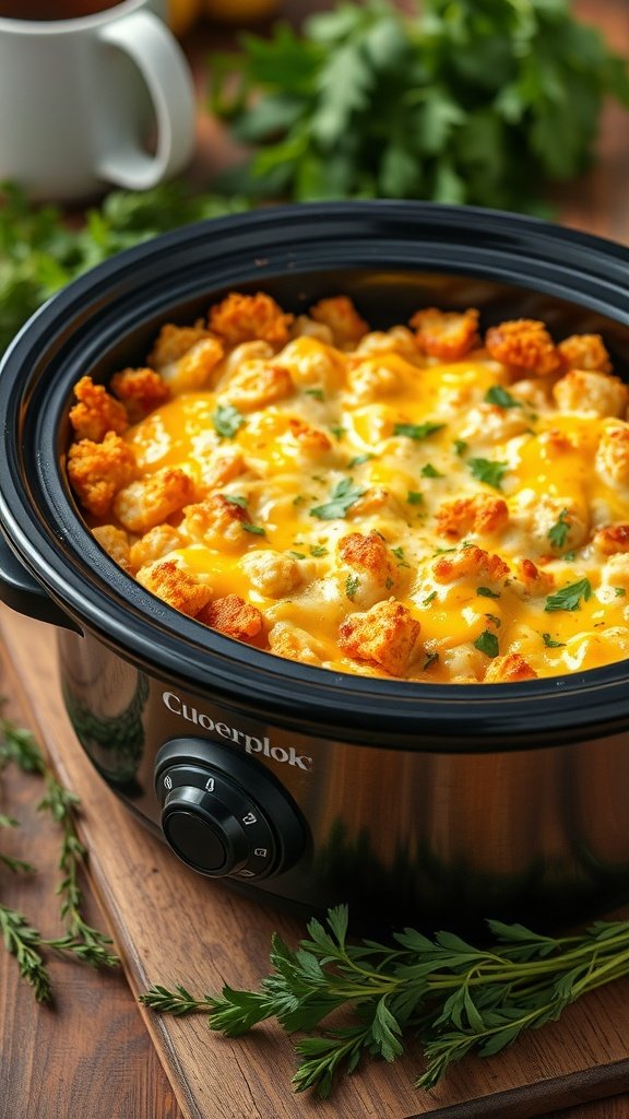 A delicious looking cheesy hashbrown casserole in a crockpot, garnished with parsley.