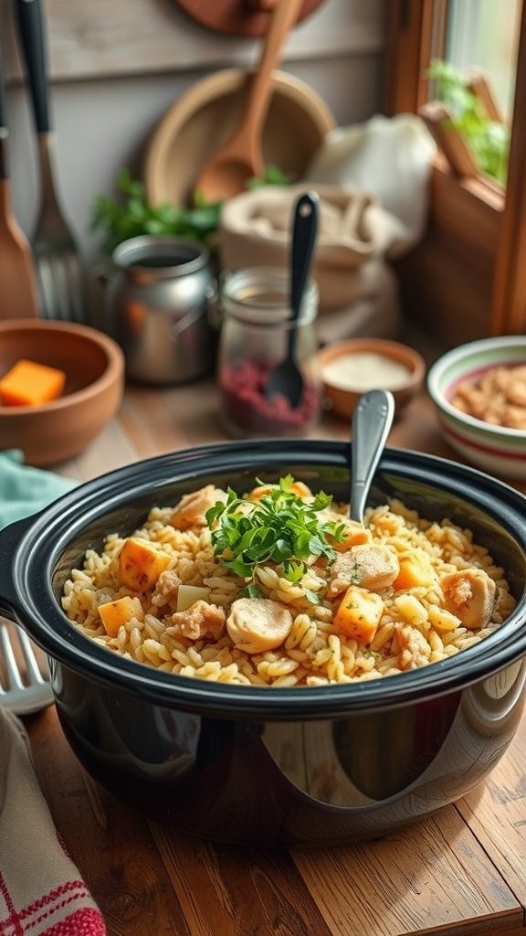 A delicious crockpot chicken and rice casserole served in a black crockpot, garnished with fresh herbs.
