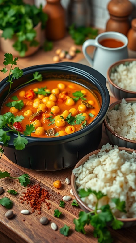 A bowl of chickpea curry with rice, garnished with coriander.
