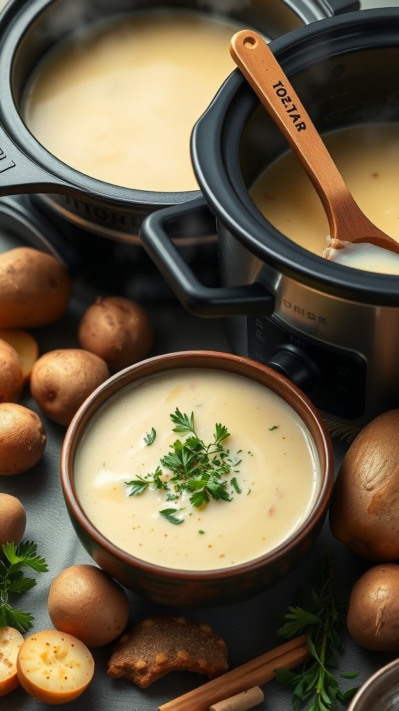 A bowl of creamy potato soup with fresh herbs, surrounded by potatoes and cooking pots.