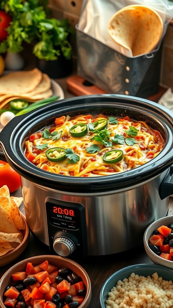 A crockpot filled with enchilada casserole surrounded by fresh ingredients and toppings.