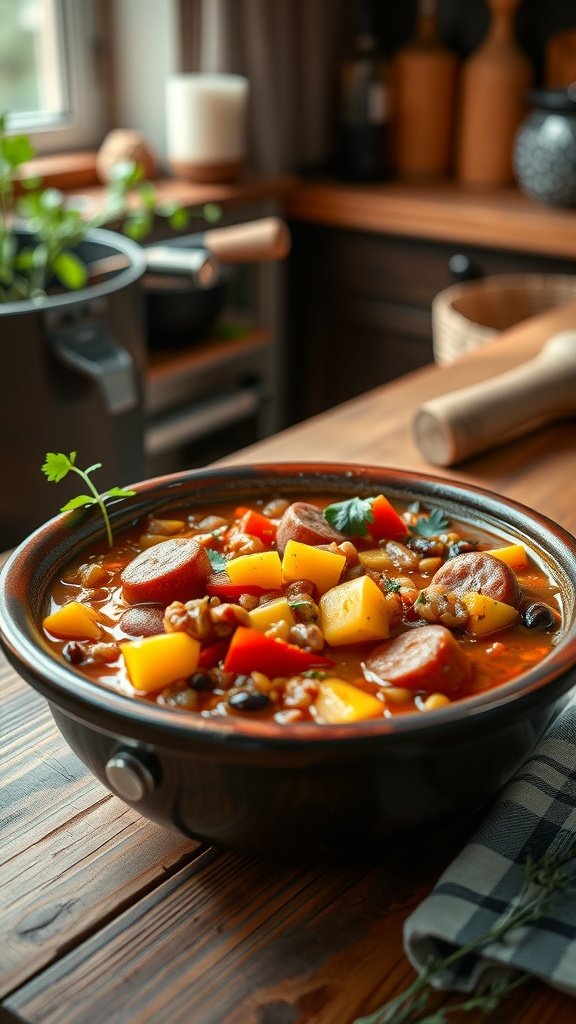Bowl of Crockpot Lentil and Sausage Stew on a wooden table.
