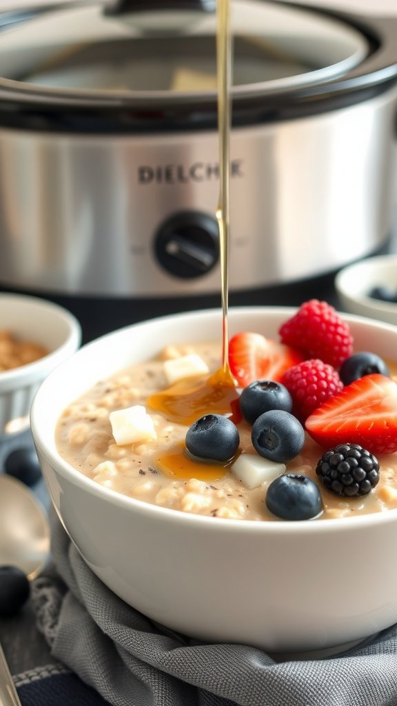 A bowl of oatmeal topped with berries and syrup, with a crockpot in the background.