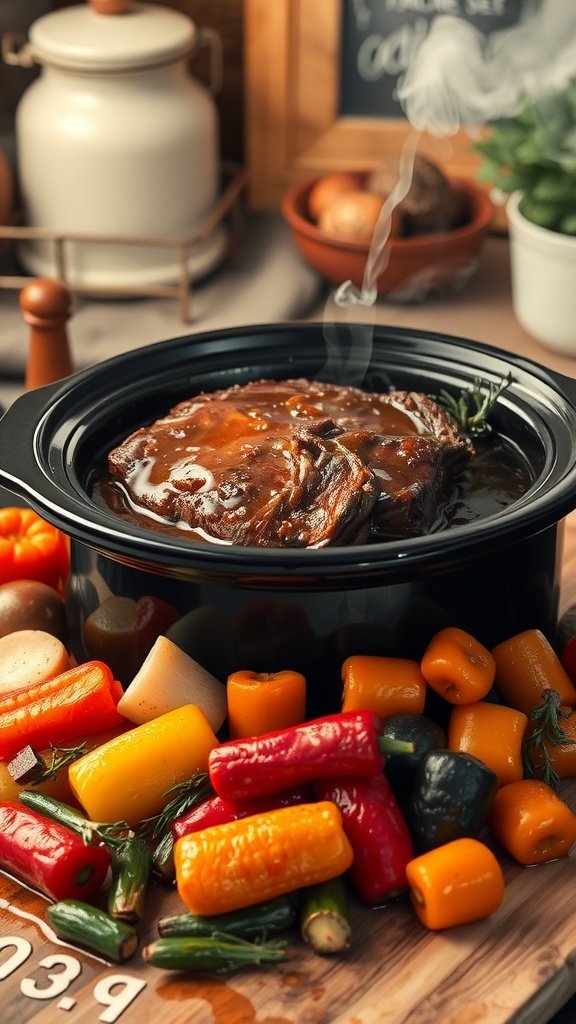 A delicious pot roast surrounded by colorful vegetables in a crockpot, with steam rising
