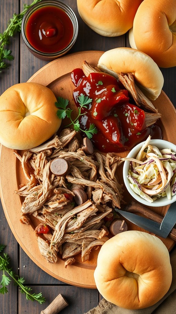 A platter of pulled pork with buns, sauce, and coleslaw on the side.