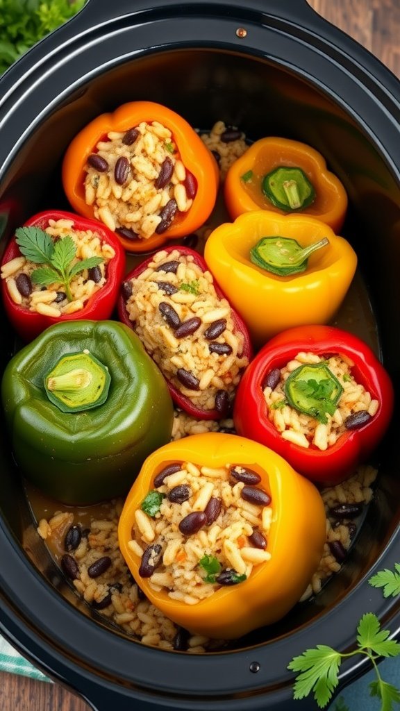 Colorful stuffed peppers filled with rice and beans in a crockpot.