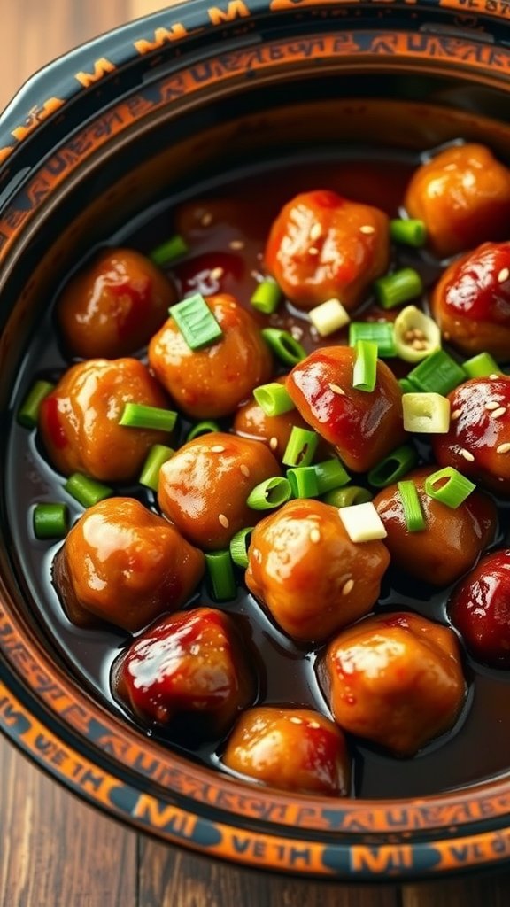A bowl of sweet and sour meatballs garnished with green onions in a crockpot.