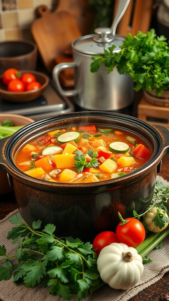 A pot of colorful vegetable minestrone soup surrounded by fresh vegetables.