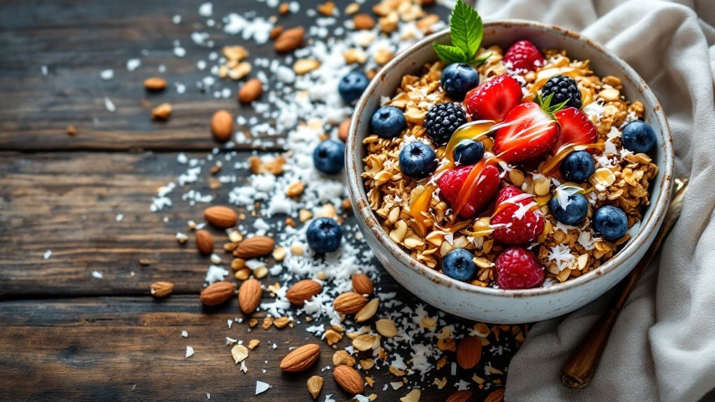 A bowl of coconut almond granola topped with fresh fruits and surrounded by almonds on a wooden surface.
