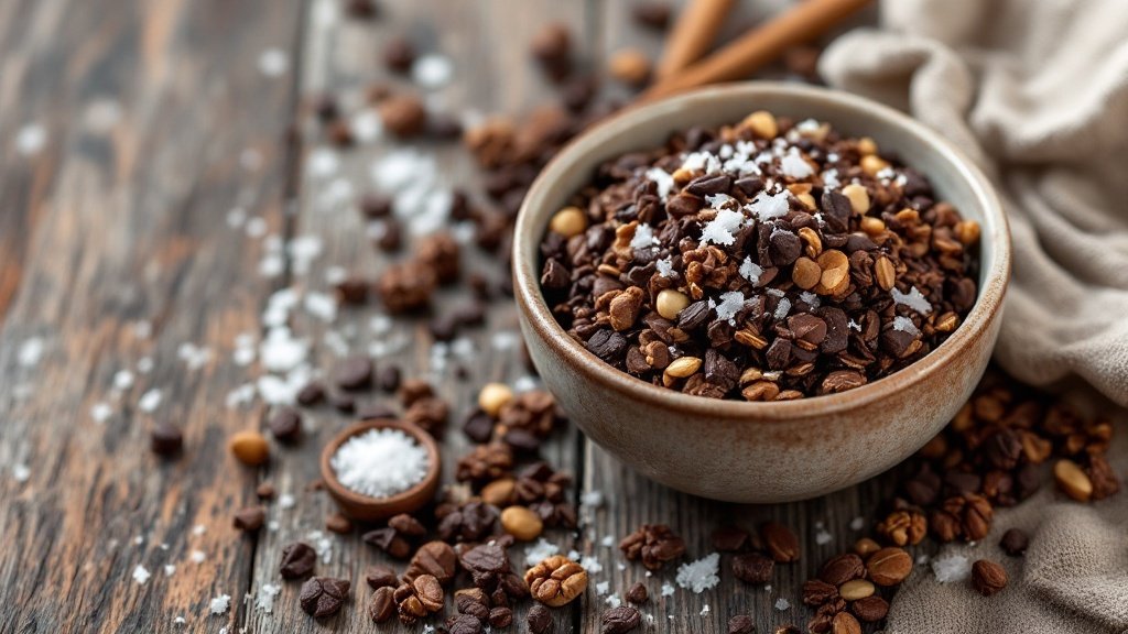A bowl of dark chocolate sea salt granola surrounded by scattered ingredients.