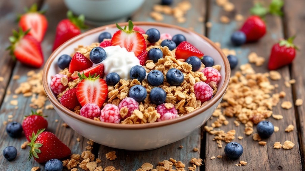 A bowl of berry and yogurt granola clusters topped with strawberries, blueberries, and raspberries.