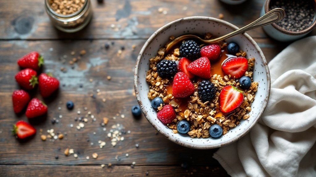 Bowl of vanilla chia granola topped with berries on a wooden table.