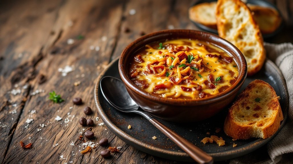 A bowl of French Onion Soup topped with cheese and crispy onions, served with toasted bread.
