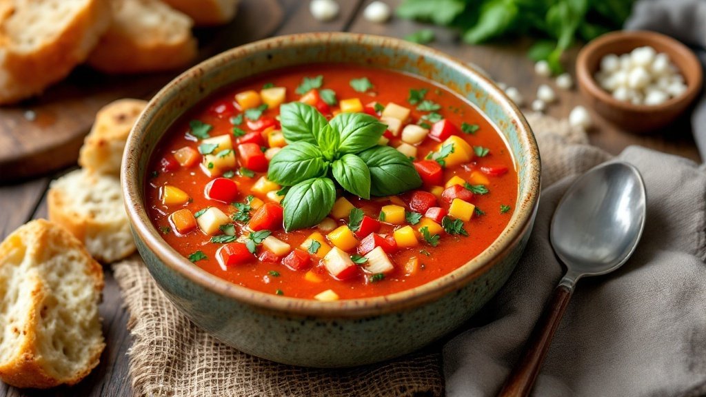 A bowl of colorful gazpacho soup garnished with basil and accompanied by bread.