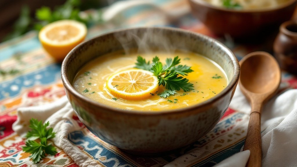 Bowl of Greek Avgolemono soup with lemon slices and parsley on a colorful tablecloth