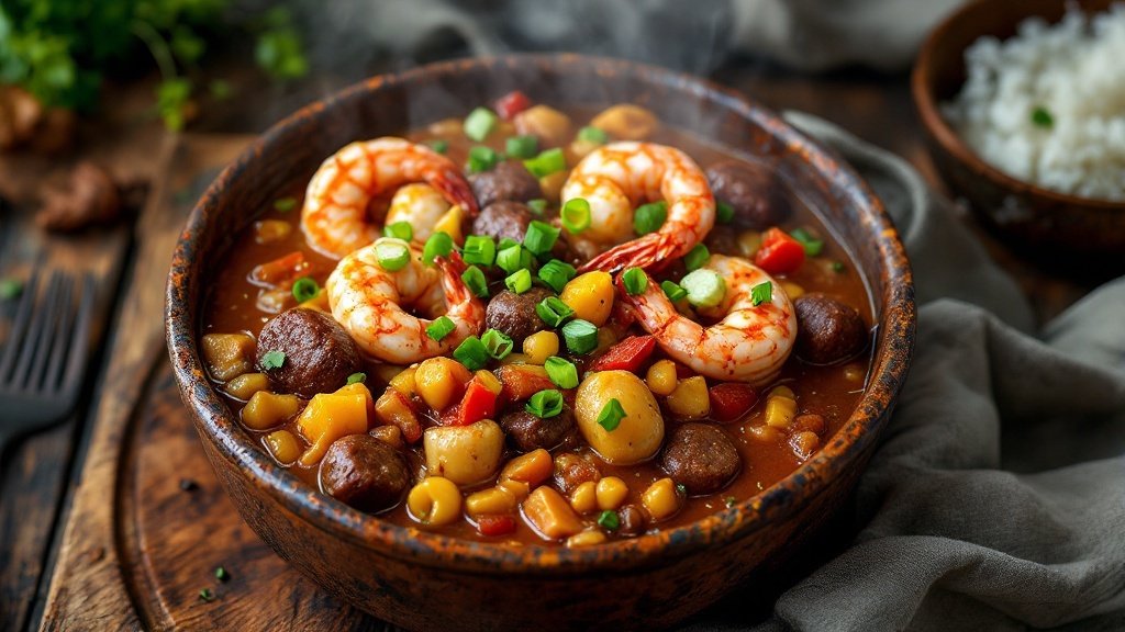 A bowl of gumbo with shrimp, sausage, vegetables, and rice