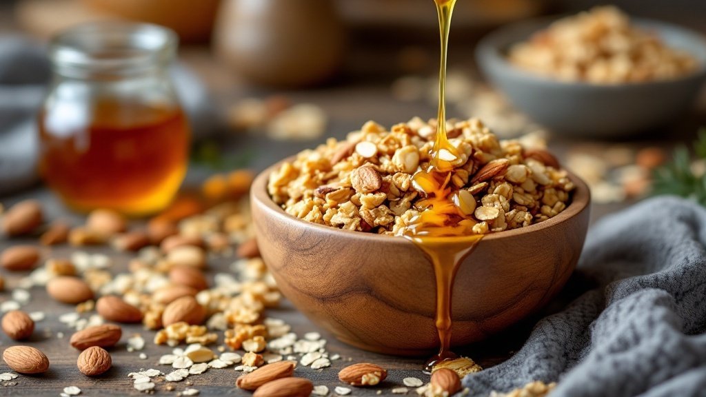 A wooden bowl filled with granola topped with drizzled honey, surrounded by almonds and a jar of honey.