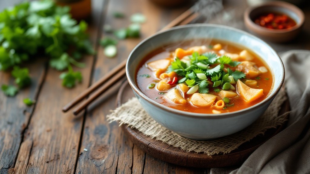A bowl of hot and sour soup garnished with cilantro and green onions.