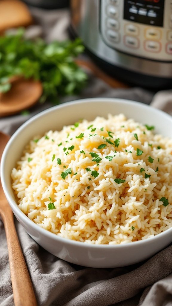 A bowl of fluffy basmati rice garnished with cilantro, with an Instant Pot in the background.