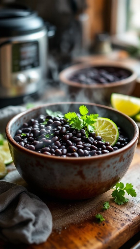 A bowl of black beans topped with cilantro and lime slices, with an Instant Pot in the background.