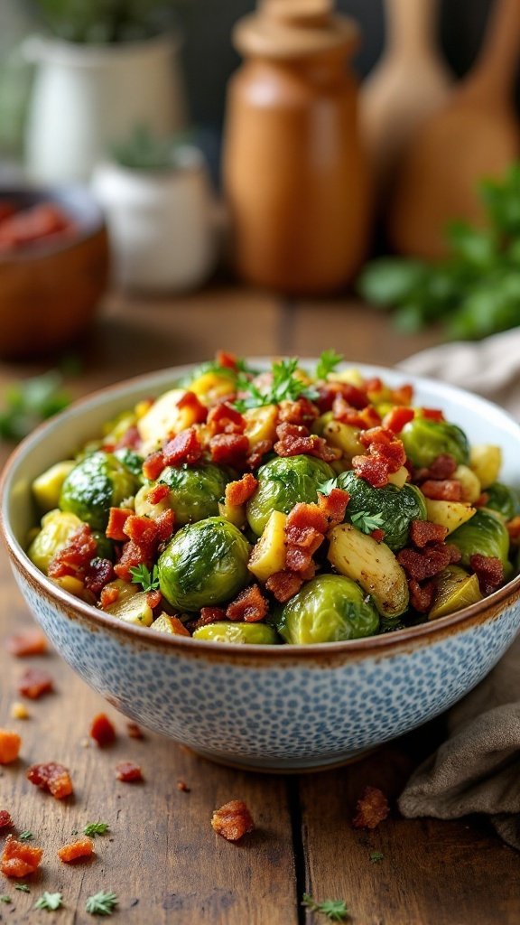 A bowl of brussel sprouts topped with bacon bits