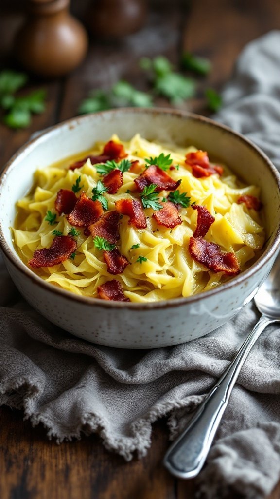 A bowl of noodles topped with bacon and herbs on a rustic wooden table.