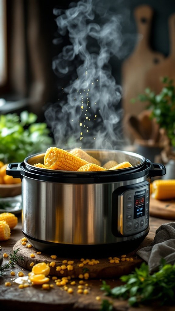 Instant Pot filled with corn on the cob, steaming with herbs and a wooden surface in the background.