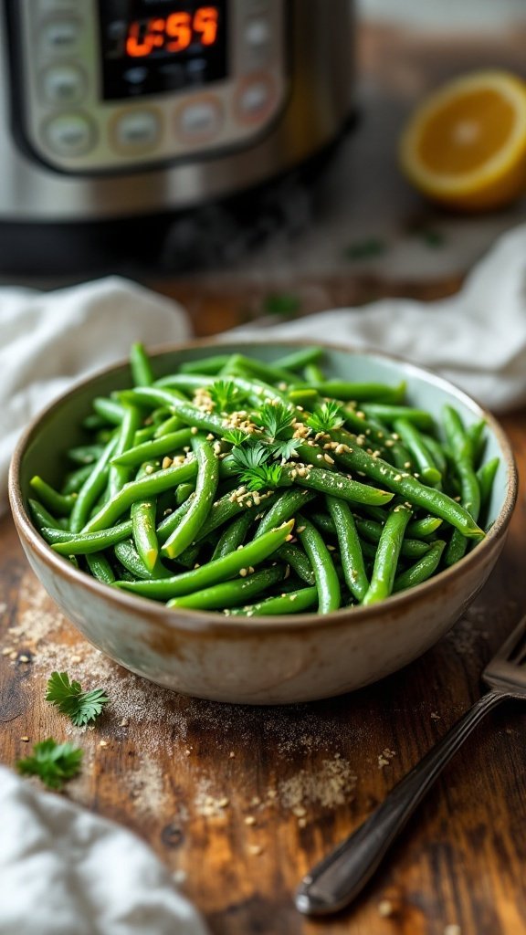 A bowl of garlic green beans in front of an Instant Pot