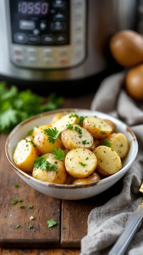 Bowl of herb butter potatoes garnished with parsley, with an Instant Pot in the background.