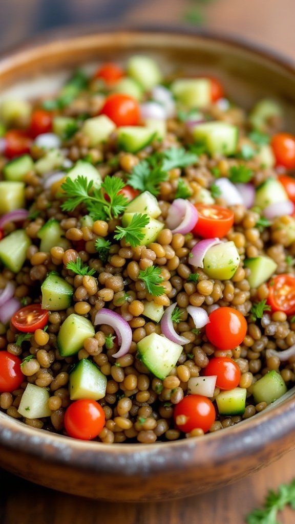 A colorful bowl of lentil salad with cherry tomatoes, cucumbers, and cilantro.