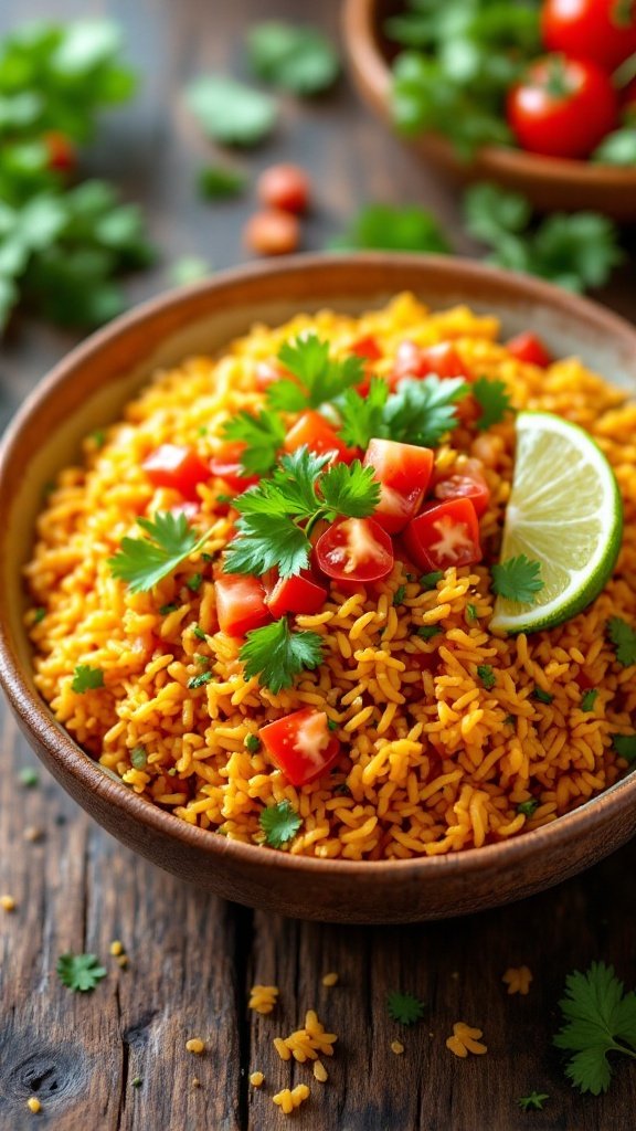 A bowl of bright yellow Mexican rice garnished with tomatoes, cilantro, and lime wedges.