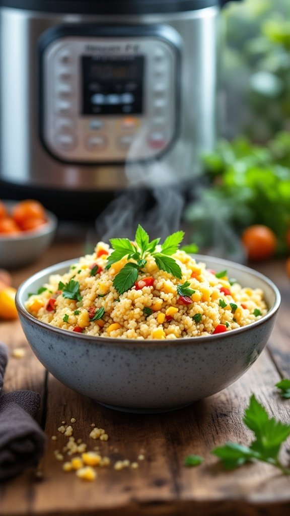 Bowl of colorful, steaming quinoa with vegetables next to an Instant Pot.