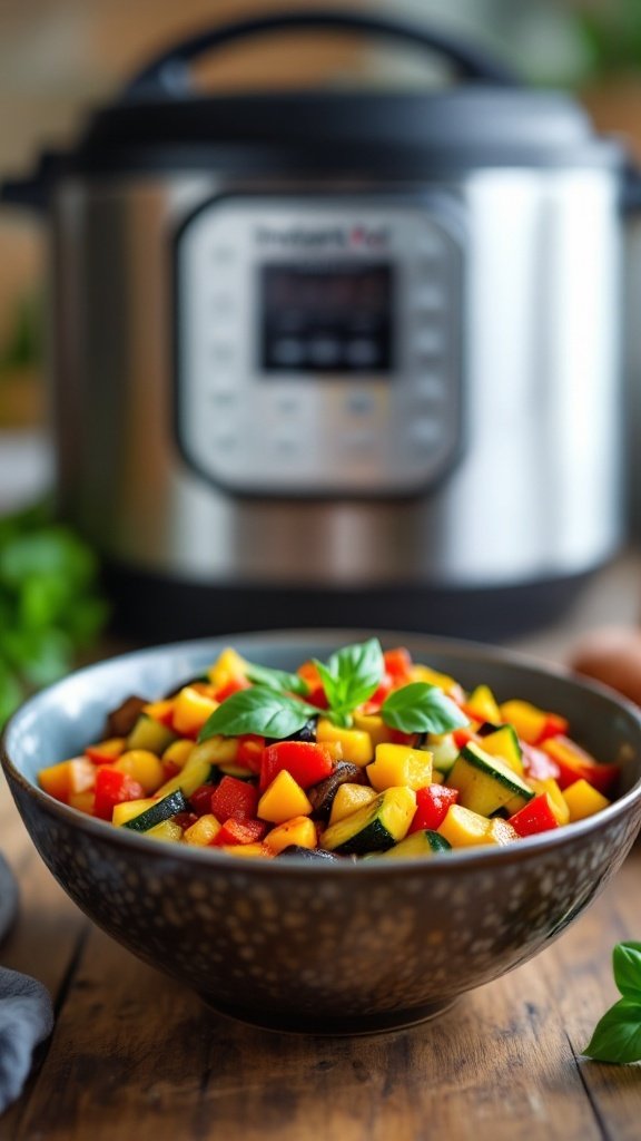 A bowl of colorful Ratatouille in front of an Instant Pot