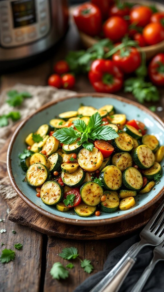 A plate of sautéed zucchini with vibrant colors and herbs, alongside fresh tomatoes, in front of an Instant Pot.