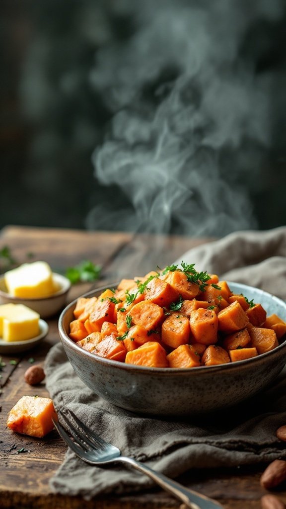 Bowl of freshly cooked sweet potatoes garnished with herbs, served on a rustic table