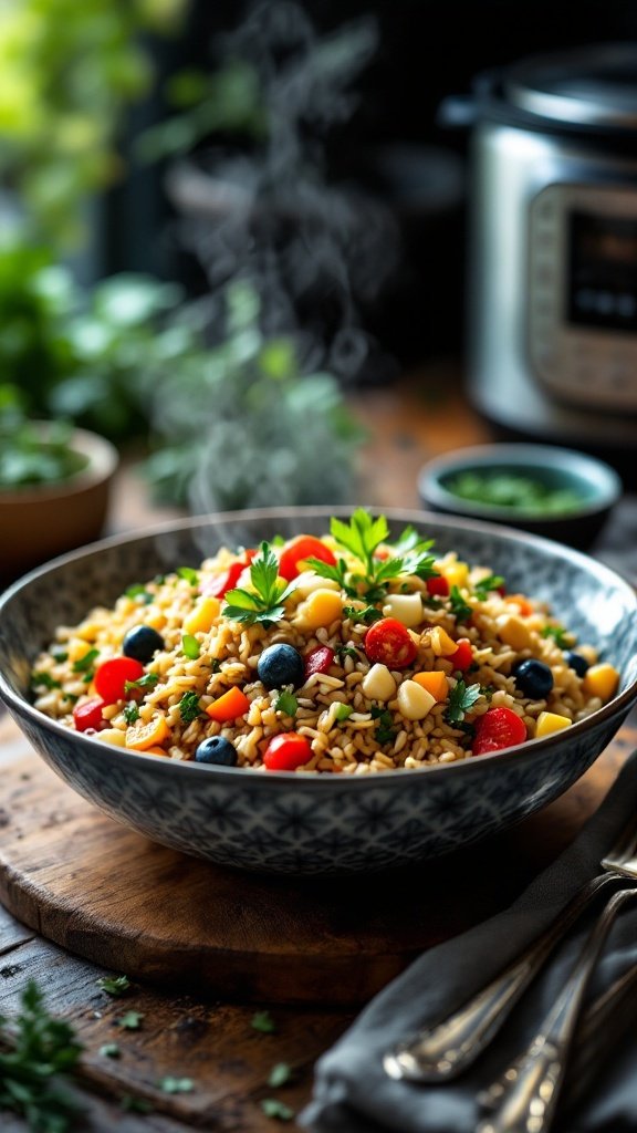 Bowl of Instant Pot Wild Rice Pilaf with colorful vegetables and herbs.