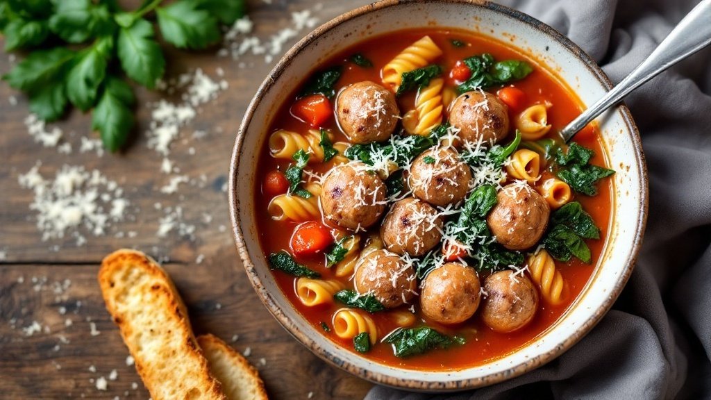 A bowl of Italian Wedding Soup with meatballs, pasta, spinach, and a slice of toasted bread.