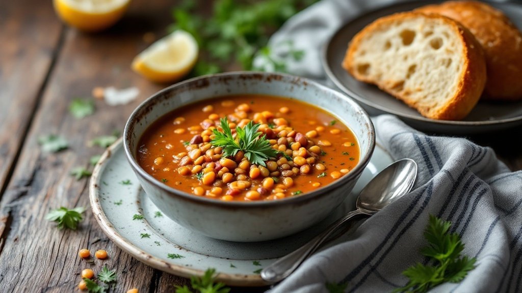 A bowl of lentil soup garnished with herbs, served with bread on the side.