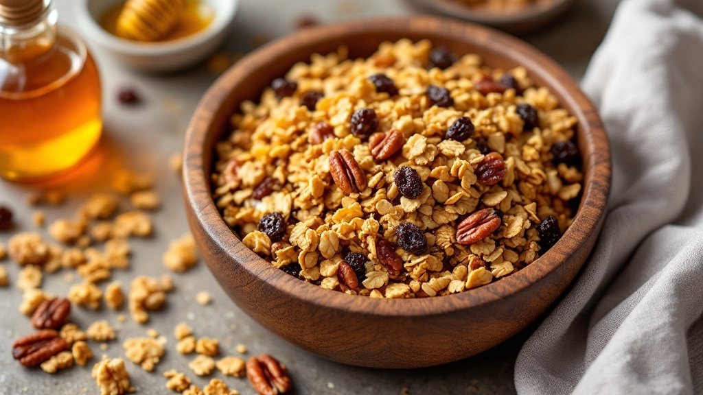 Bowl of maple pecan granola with ingredients in the background