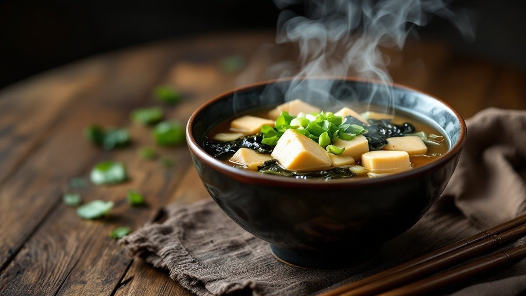 A bowl of miso soup with tofu and green onions, steaming on a wooden table.