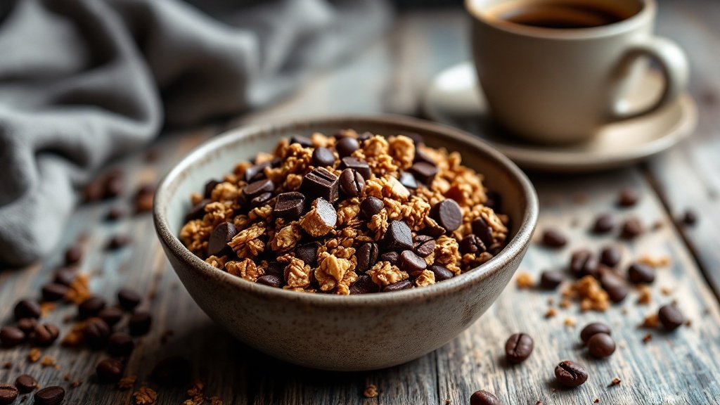 A bowl of mocha espresso granola with chocolate chips and coffee beans, accompanied by a cup of coffee.