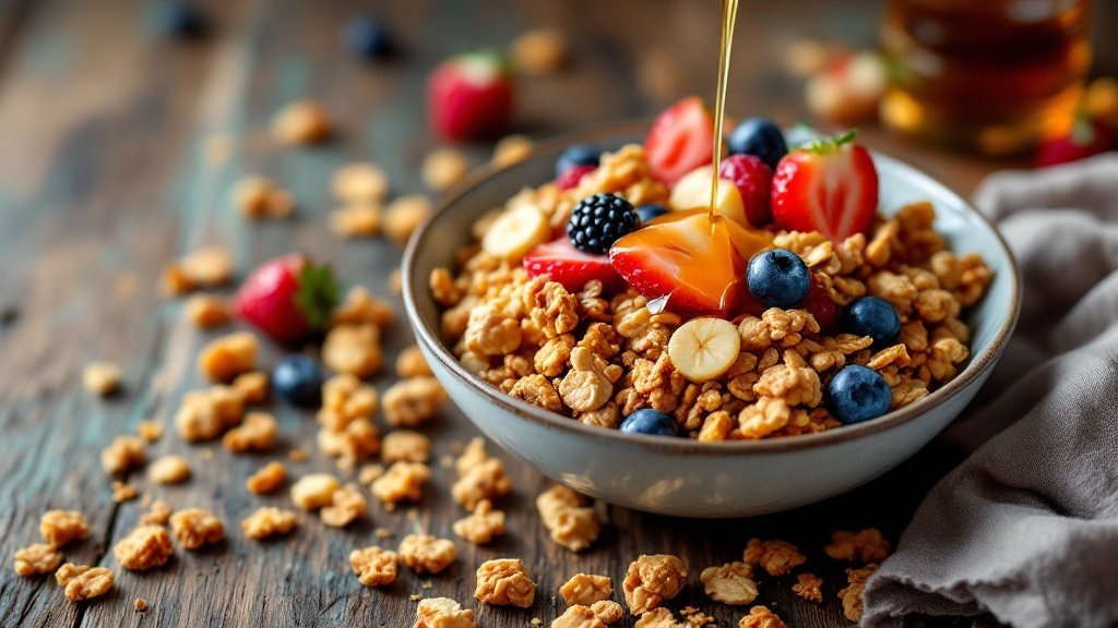 A bowl of peanut butter granola with berries and syrup