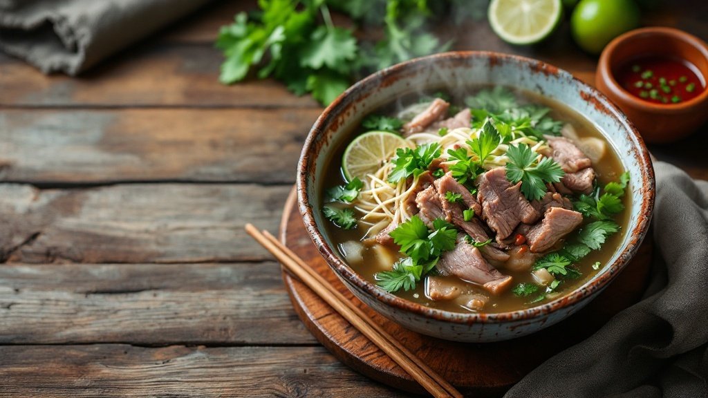 A bowl of pho with beef, fresh herbs, lime, and bean sprouts on a wooden table.