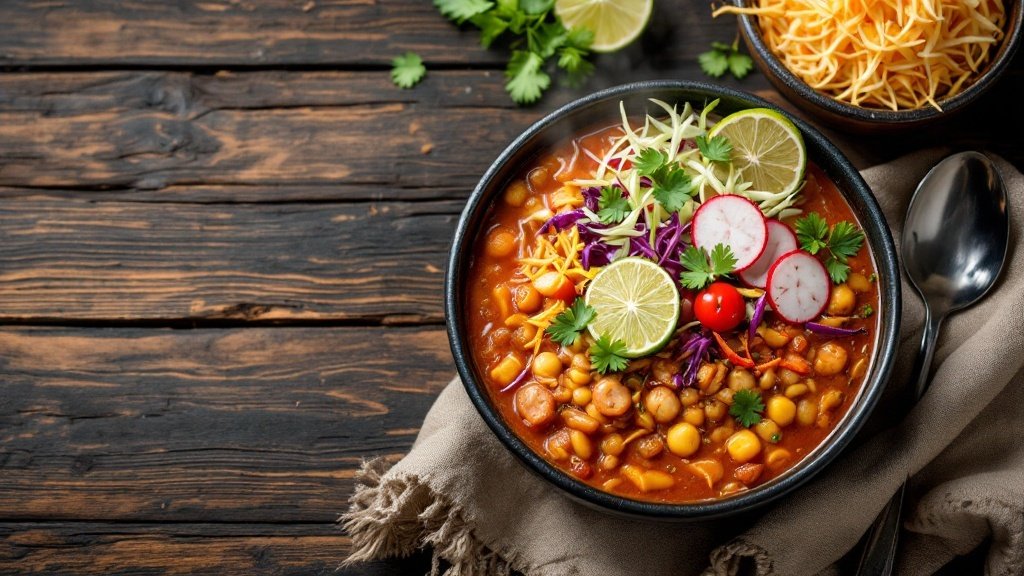 A bowl of pozole with toppings like lime, radishes, cilantro, and cheese, served on a rustic wooden table.
