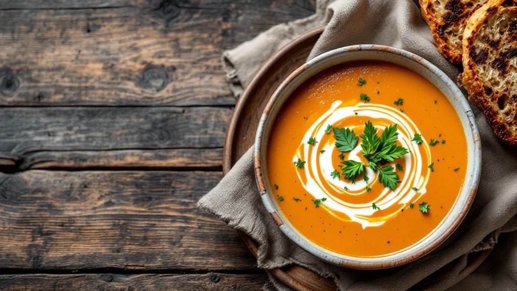 A bowl of creamy pumpkin soup garnished with parsley, served with toasted bread.